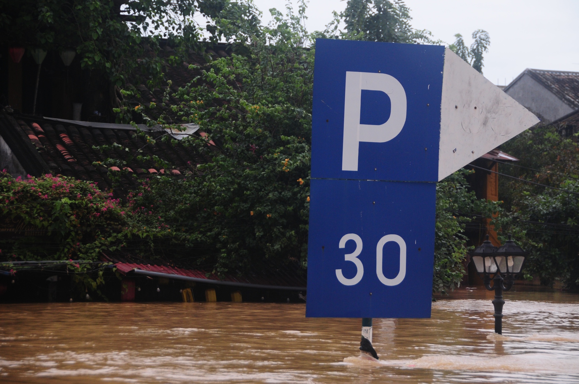 历史性洪水中会安古城异常拥挤的景象